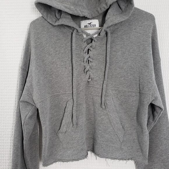 Hollister Cropped Hoodie Womens Small Gray Lace Up Casual Loungewear Pilates - Picture 9 of 14